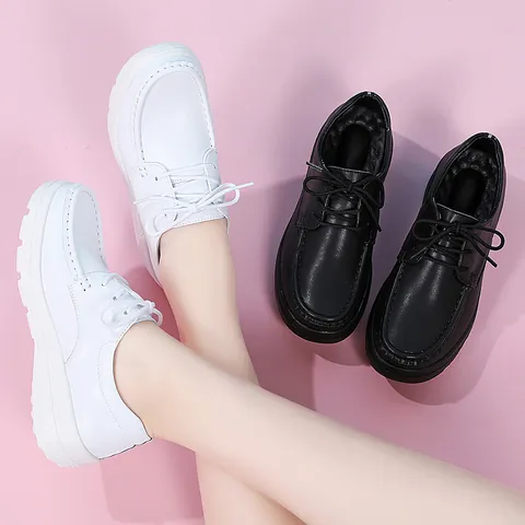 Women Soft Leather Nurse Shoes White Black Non-Slip Platform Wedge Work Shoes Comfortable Breathable Casual Shoes