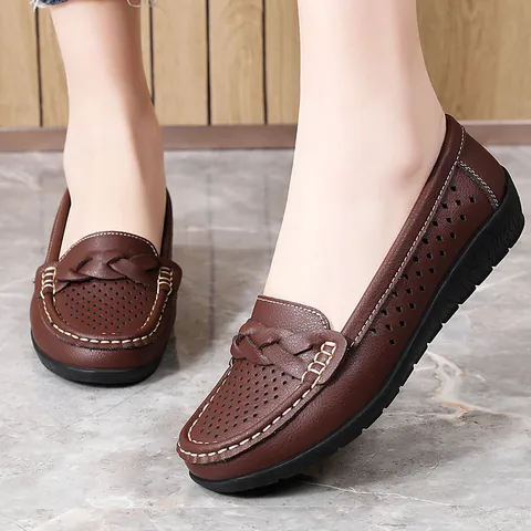 Women Casual Perforated Split Leather Nurse Shoes Comfortable Slip On Moccasins Flat Loafers For Working Walking Mothers