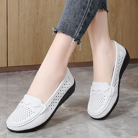 Women Casual Perforated Split Leather Nurse Shoes Comfortable Slip On Moccasins Flat Loafers For Working Walking Mothers