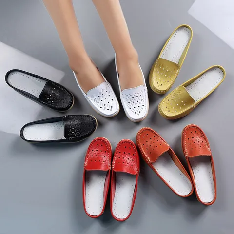 Muli da Donna in Vera Pelle Traforata con Zeppa Traspiranti in Pelle di Vacchetta Scarpe Comfort Senza Lacci Stile Coreano Estive per Madre Infermiera