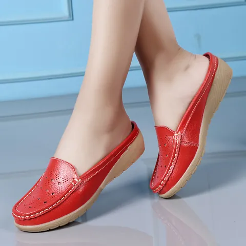 Muli da Donna in Vera Pelle Traforata con Zeppa Traspiranti in Pelle di Vacchetta Scarpe Comfort Senza Lacci Stile Coreano Estive per Madre Infermiera