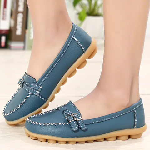 Damen Echtleder Loafer Komfortable Slip On Mokassins Weiche Sohle Lässige Flache Schuhe Mama Krankenschwester Schuhe