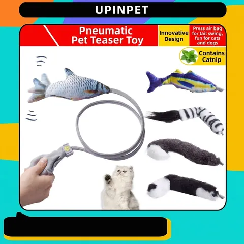 Interactive Pneumatic Cat Teaser Toy Simulation Fish Horse Tail With Airbag Manual Pump For Indoor Pet Cat Exercise Play