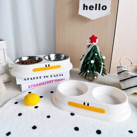 Cute Duck Shaped Double Pet Bowl Stainless Steel Dog Bowl Anti-Tip Non-Slip Cat Feeder Water Dispenser With PP Plastic Base