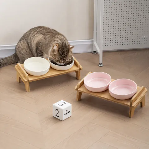 Elevated Ceramic Pet Bowl Set with Bamboo Stand Neck Protection Double Feeder Anti-Tipping Food Water Dish for Cats Small Dogs