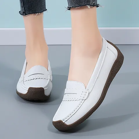 Mocassini da Donna Comodi Piatti in Pelle Sintetica PU con Bordo Ondulato Scarpe da Infermiera Slip-on Taglie Grandi 35-44