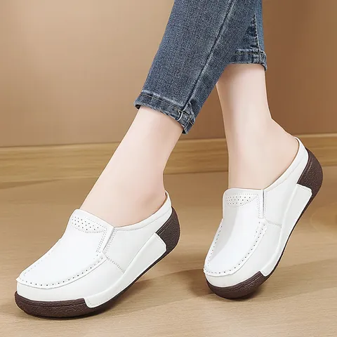 Women Platform Wedge Mules Closed Toe Half Slippers Breathable Casual Microfiber Shoes Thick Sole Mother Slides For Summer