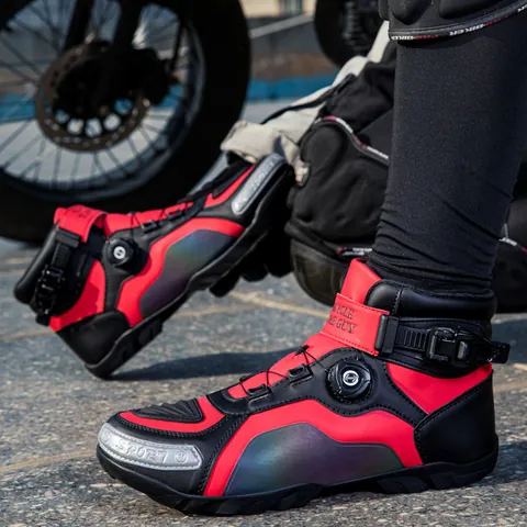 Botas de Moto Profesionales Hombre Mujer Zapatos de Carreras Resistentes al Desgaste Hebilla Giratoria Reflectantes Caña Media Equipo de Protección Botas de Seguridad