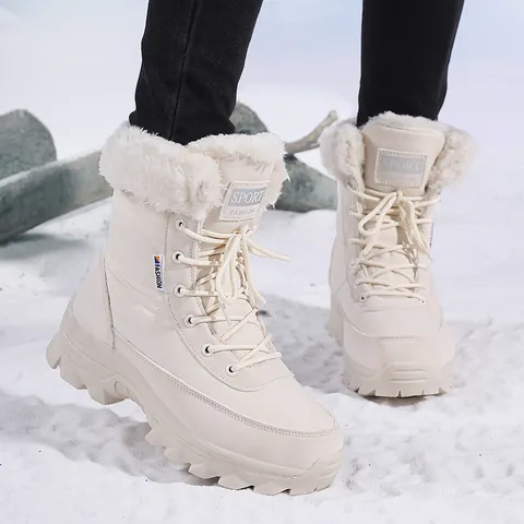 Women Winter Snow Boots Faux Fur Lined Warm Mid-Calf Outdoor Ski Boots Non-Slip Thick Sole Lace-Up Cotton Padded Shoes