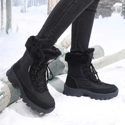 Women Winter Snow Boots Faux Fur Lined Warm Mid-Calf Outdoor Ski Boots Non-Slip Thick Sole Lace-Up Cotton Padded Shoes