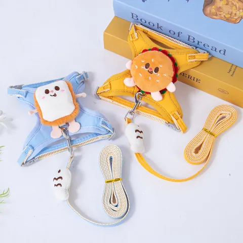 Cute Cartoon Hamburger Toast Plush Dog Harness And Leash Set Soft Polyester Vest Harness For Small Dogs Cats Puppy Daily Walking