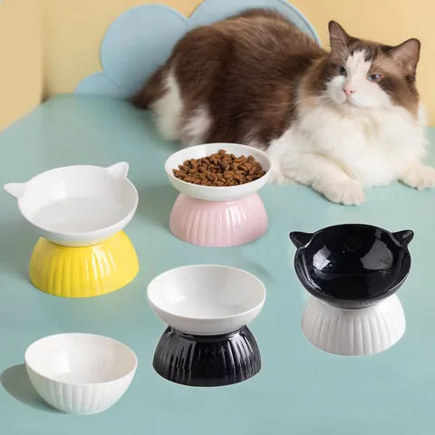 Keramik Katzenapf Schräges Maul Hoher Fuß Nackenschutz Futternapf Hundenapf Abnehmbare Gestreifte Basis Haustiergeschirr