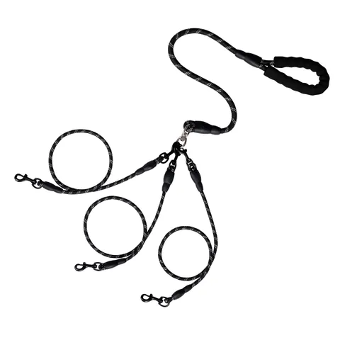 Reflective Nylon Multi-Dog Coupler Leash For Two Three Dogs Anti-Tangle Double Triple Pet Traction Rope With Padded Foam Handle For Walking Training
