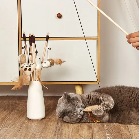 Interaktive Katzenangel Mit Federn Und Glocke Anhänger Maus Spielzeug Handgehaltener Katzenstab Für Hauskatzen Zur Belustigung