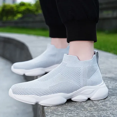 Heren Lichtgewicht Ademende Fly-knit Instapsneakers Comfortabele Casual Sok Schoenen Antislip Dikke Zool Sportieve Wandelschoenen