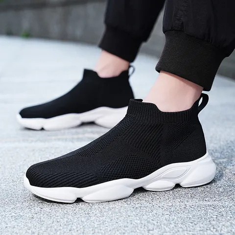 Heren Lichtgewicht Ademende Fly-knit Instapsneakers Comfortabele Casual Sok Schoenen Antislip Dikke Zool Sportieve Wandelschoenen