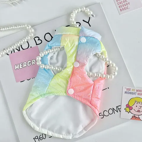 Winter Pet Warm Vest Rainbow Gradient Dog Quilted Padded Jacket With D-Ring Leash Attachment Small Dog Cat Winter Vest