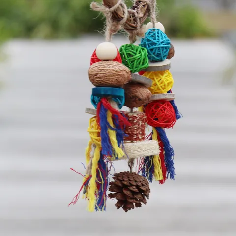 Natural Rattan Ring Parrot Toy Colorful Woven Balls Pinecone Corn Cob Loofah Chewing Bird Cage Toy For Small Medium Parrots