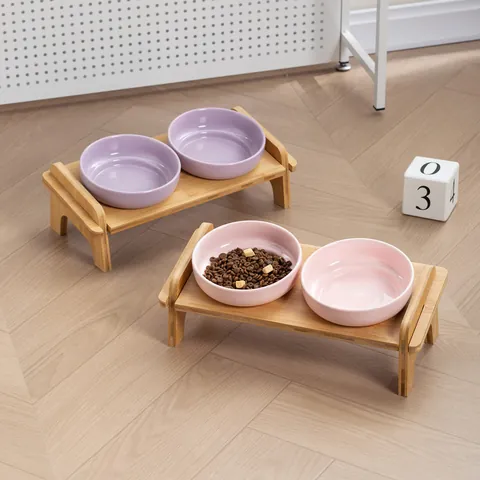 Elevated Ceramic Pet Bowl Set with Bamboo Stand Neck Protection Double Feeder Anti-Tipping Food Water Dish for Cats Small Dogs