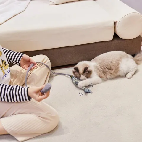 Interactive Pneumatic Cat Teaser Toy Simulation Fish Horse Tail With Airbag Manual Pump For Indoor Pet Cat Exercise Play