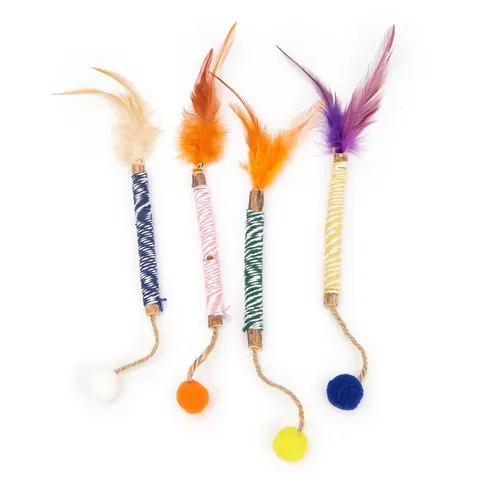 Natural Matatabi Silvervine Cat Molar Stick Toy With Feathers And Pompoms Interactive Woven Cotton Rope Pet Chewing Toy