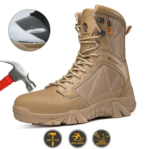 Men High Top Outdoor Tactical Boots Steel Toe Safety Shoes Lightweight Hiking Boots Anti Slip Work Boots Khaki Black Plus Size