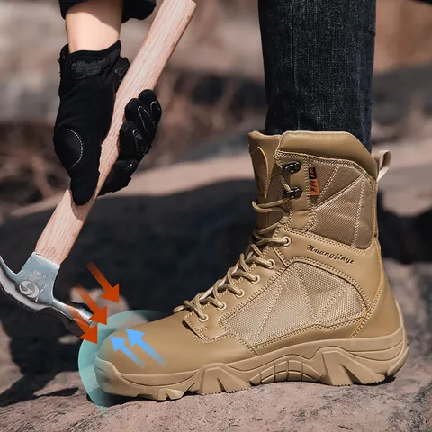 Men High Top Outdoor Tactical Boots Steel Toe Safety Shoes Lightweight Hiking Boots Anti Slip Work Boots Khaki Black Plus Size