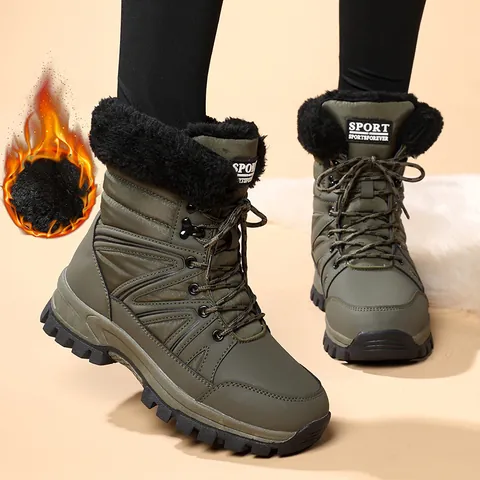 Damen Schneestiefel Warm Kunstfell Gefüttert Winterstiefel Rutschfeste Outdoor PU Leder Lässige Mid-Top Schnürschuhe