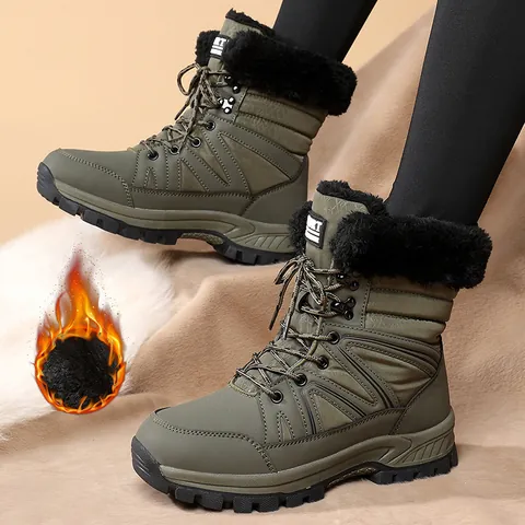 Damen Schneestiefel Warm Kunstfell Gefüttert Winterstiefel Rutschfeste Outdoor PU Leder Lässige Mid-Top Schnürschuhe