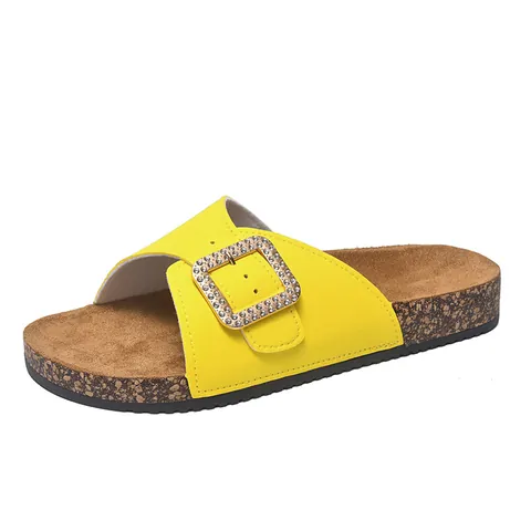 Women Rhinestone Belt Buckle Sandals Cork Sole Slide Slippers PU Leather Summer Beach Shoes Heightening Breathable Slides