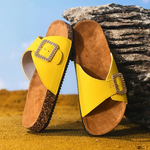 Women Rhinestone Belt Buckle Sandals Cork Sole Slide Slippers PU Leather Summer Beach Shoes Heightening Breathable Slides
