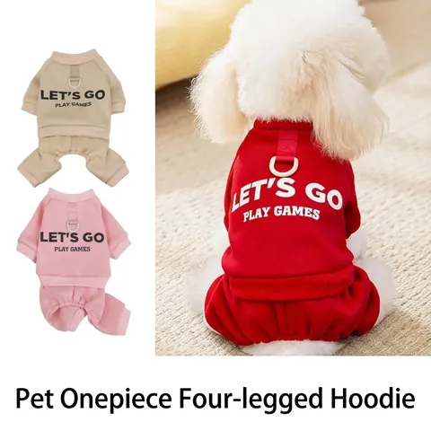 Pet Dog Winter Clothes Fleece Thickened Four-Legged Jumpsuit Warm Puppy Hoodie With D-Ring Traction Buckle Letter Print Romper