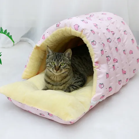 Lit pour Animaux en Tissu Oxford Épais Amovible et Lavable Nid de Grotte pour Chat Chaud en Hiver Maison pour Chien Sommeil Profond avec Imprimé Fruit