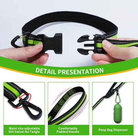 Hands Free Reflective Retractable Dog Leash With Adjustable Waist Belt Elastic Buffer Padded Handle For Running Walking Nylon Lead