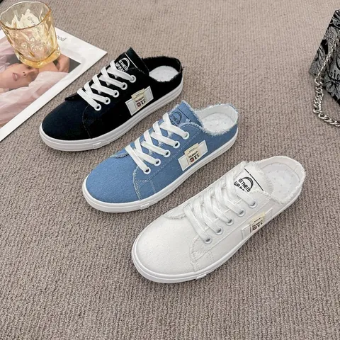 Dames Canvas Muiltjes Sneakers Gerafelde Rand Slip On Casual Board Schoenen Vetersluiting Ronde Neus Platte Sneakers Voor Dagelijkse Mode Schoenen