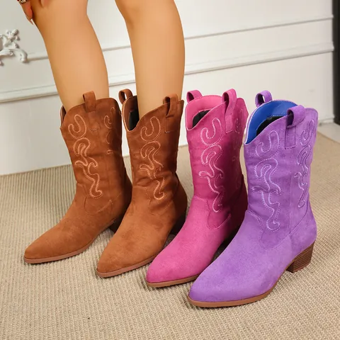 Women Retro Western Mid-Calf Boots Pointed Toe Chunky Heel Suede Embroidered Cowboy Boots Autumn Winter Fashion Cowgirl Boots