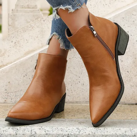 Women's Pointed Toe Chunky Heel Ankle Boots Faux Leather Side Zipper Fashion Chelsea Booties Mid Heel Solid Color Shoes