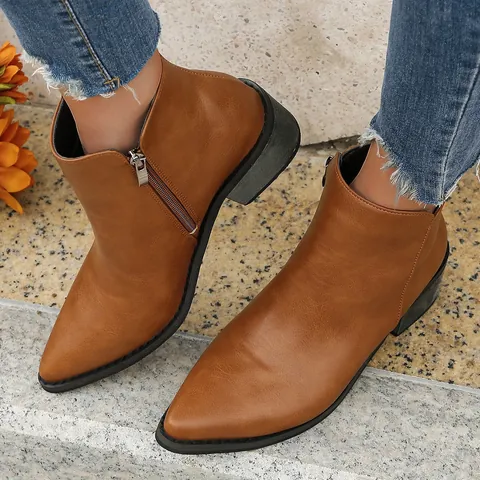 Women's Pointed Toe Chunky Heel Ankle Boots Faux Leather Side Zipper Fashion Chelsea Booties Mid Heel Solid Color Shoes