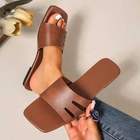 Women's Square Toe Flat Slippers Casual PU Leather Cutout Slides Outdoor Fashion Beach Sandals Slip-on Summer Footwear Plus Size