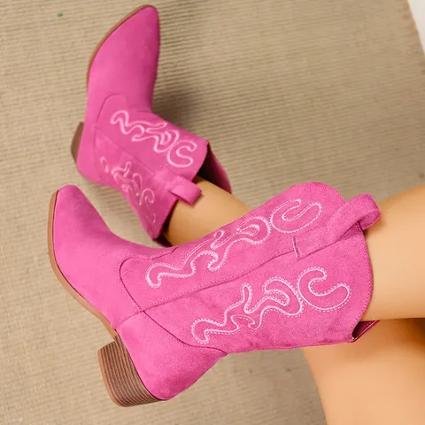 Women Retro Western Mid-Calf Boots Pointed Toe Chunky Heel Suede Embroidered Cowboy Boots Autumn Winter Fashion Cowgirl Boots