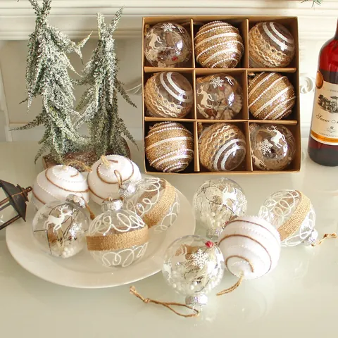 Juego de Bolas de Navidad Adornos Colgantes Pintados con Reno y Copos de Nieve Bolas de Plástico con Cuerda de Cáñamo para Árbol de Navidad Fiesta Hogar