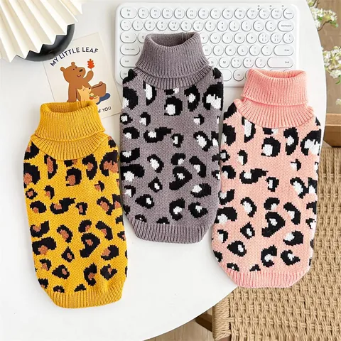 Haustier Pullover Hoher Kragen Leopardenmuster Weich Gestrickte Hundekleidung Warm Winter Katzenpullover Für Hunde Katzen