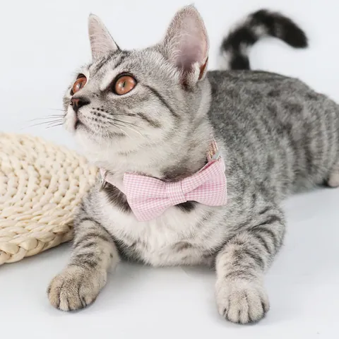 Adjustable Plaid Bow Tie Pet Collar For Cats Small Dogs Houndstooth Pattern Kitten Necklace With Safety Buckle Pet Accessories