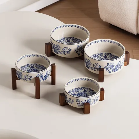 Vintage Blue and White Ceramic Pet Bowl with Acacia Wood Stand Anti-tip Cat Dog Food Water Bowl Chinoiserie Pet Feeder