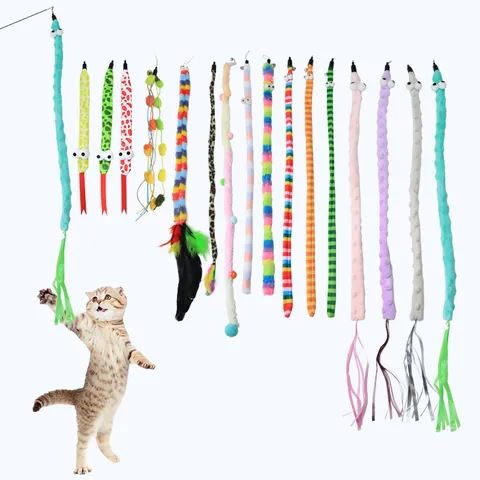 Plush Cat Teaser Wand Replacement Head Caterpillar Snake Tassel Feather Interactive Pet Toy With Bell Indoor Cat Accessories