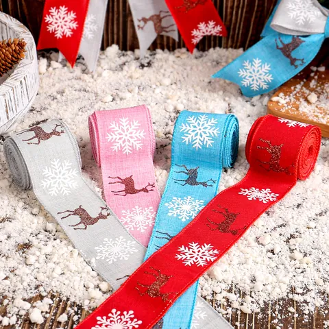Christmas Reindeer Snowflake Burlap Ribbon With Wired Edge Glitter Elk Pattern Ribbon For Christmas Tree Decoration Gift Wrapping DIY Crafts Party Supplies