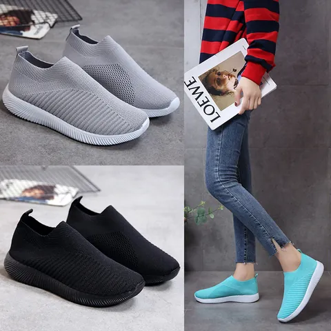 Women Breathable Flyknit Sock Sneakers Lightweight Mesh Slip On Walking Shoes Casual Low Cut Flat Footwear