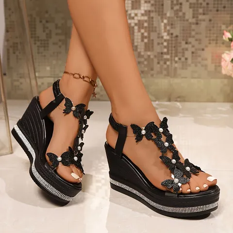 Women Fashion Wedge Sandals Synthetic Leather Rhinestone Butterfly Artificial Pearl Decor Platform Casual Summer Shoes