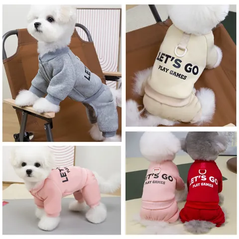 Pet Dog Winter Clothes Fleece Thickened Four-Legged Jumpsuit Warm Puppy Hoodie With D-Ring Traction Buckle Letter Print Romper