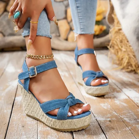 Damen Plateau Keilsandaletten Denim Riemchen Espadrilles Offene Zehe Hoher Absatz Sommer Freizeit Strand Schuhe Sandalen